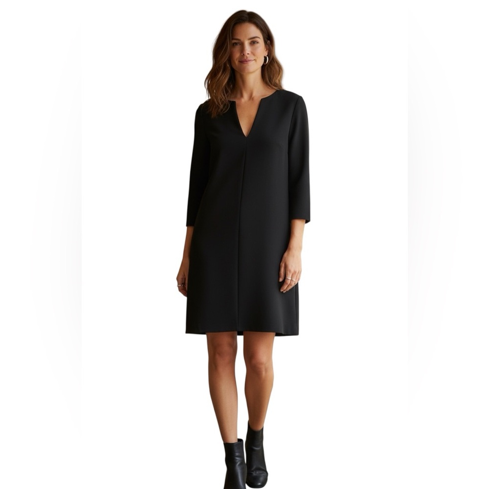 Tibi Black V-Neck Three-Quarter Sleeve Midi Shift Dress